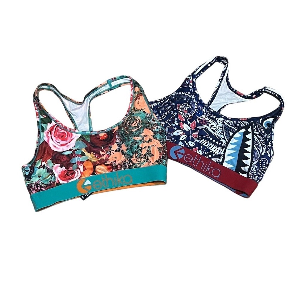Ethika Sports Bra Lot of 2 Womens Size M Floral & Bandana Shark Racerback